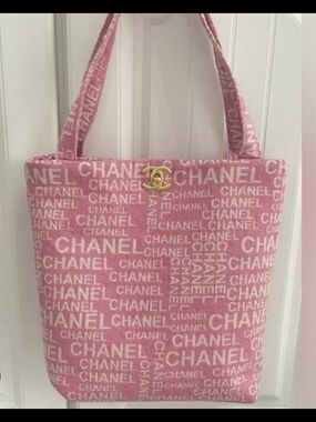 VIP Precision Beauté Novelty Pink Denim Script Tote Bag